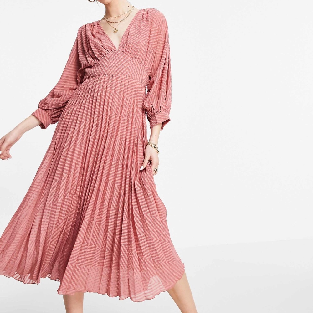 ASOS DESIGN pleated batwing midi dress in chevron texture in dusky pink